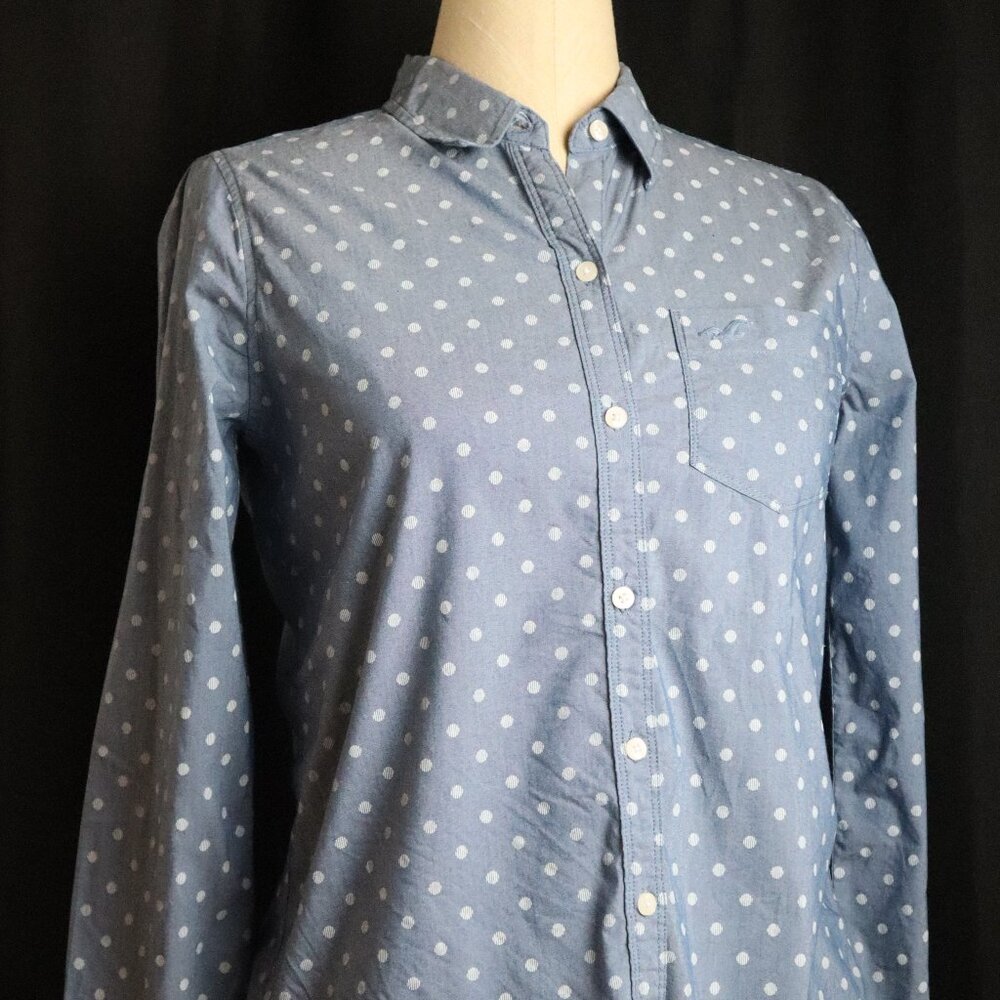 Hollister Womens Small Stretch Blue Polka Dot Button Down Long Sleeve Shirt